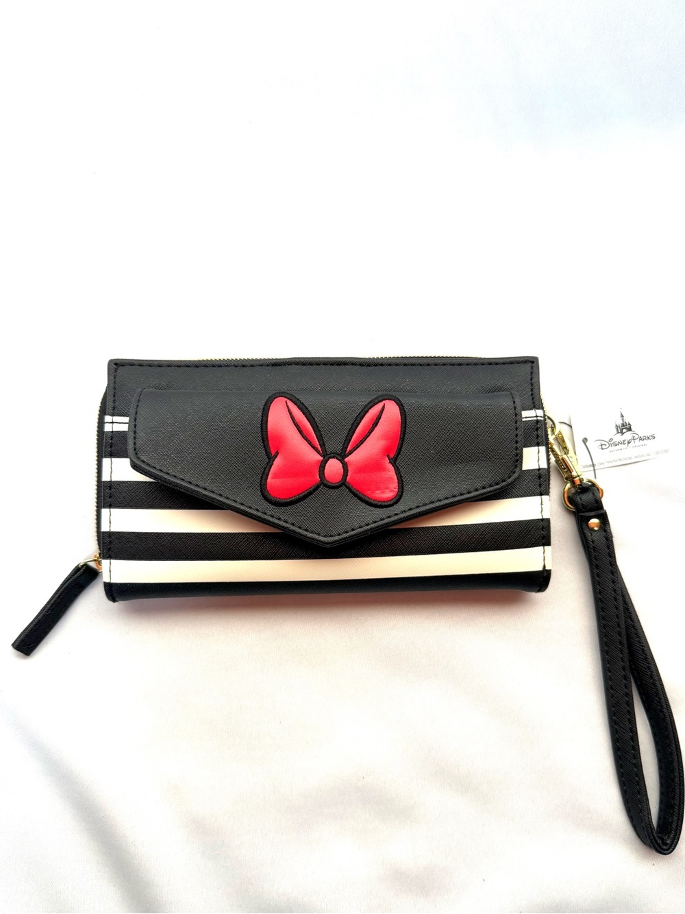 Disney Parks Minnie Mouse Bow Wristlet Wallet Black White Stripe NWT
